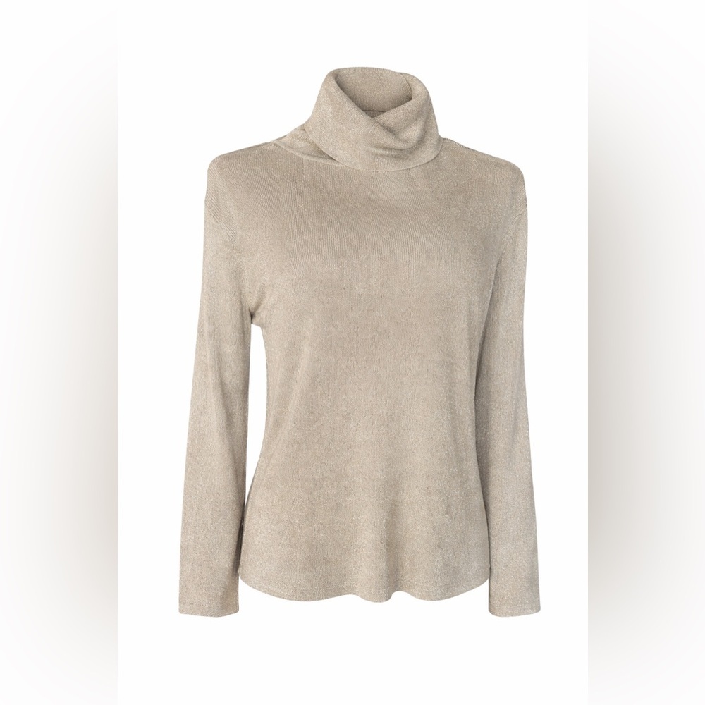 Elegant Minimalist Luxe – Silk Blend Metallic Turtleneck Sweater – XL